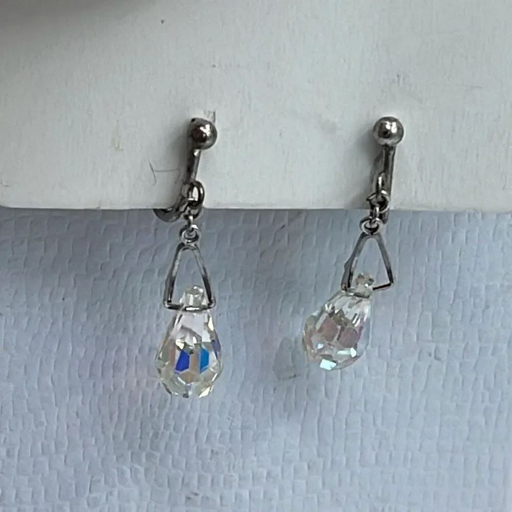 Vintage Sterling silver teardrop AB coated faceted crystal earrings.
